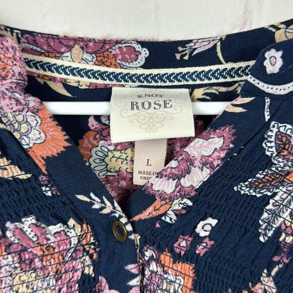 Knox Rose Blouse Shirt Top Womens Floral Button Up Rayon Large Navy Blue Pink - Picture 3 of 10